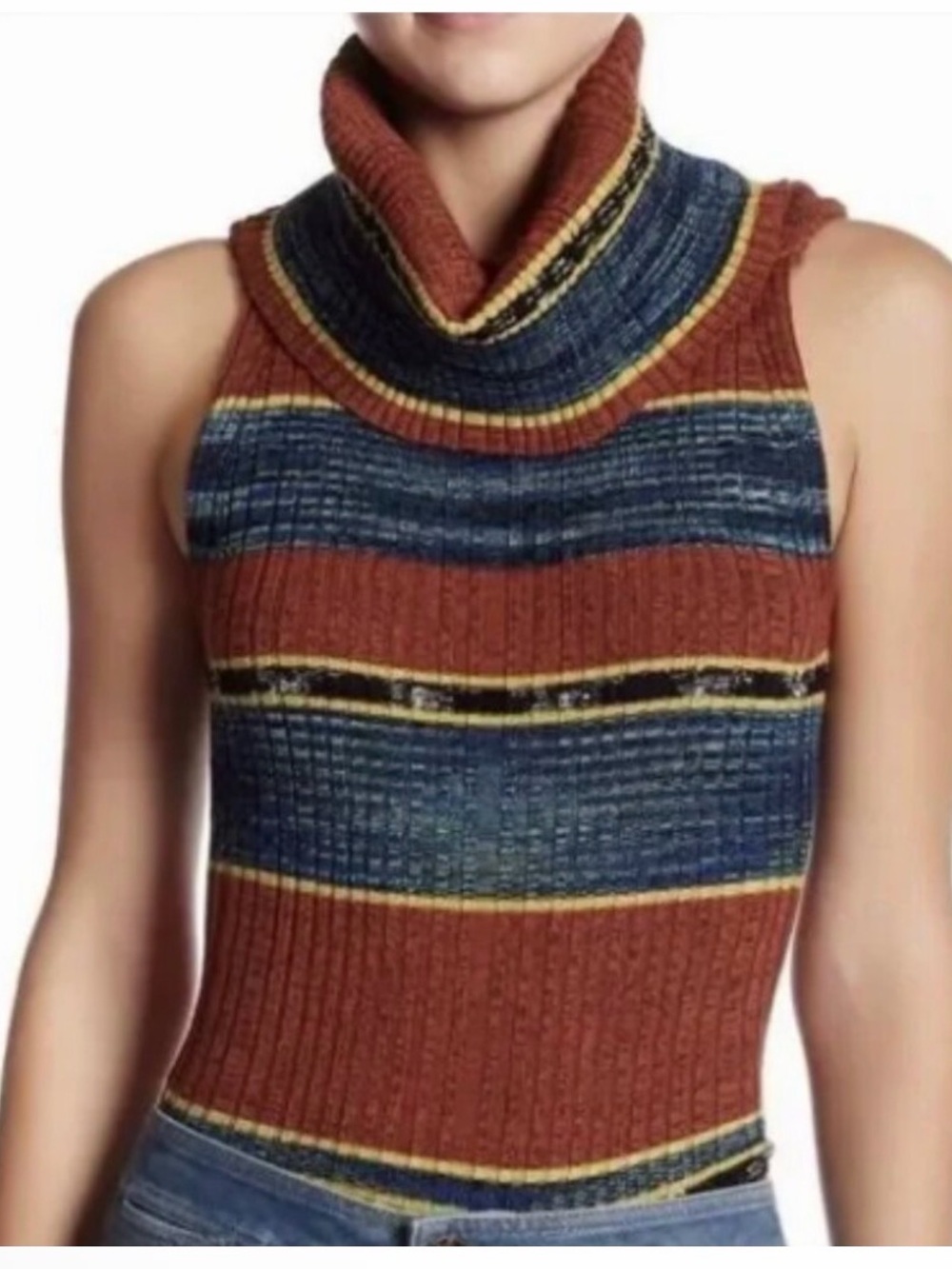Free People Striped Knit Hooded Top — Rust, Teal, Yellow & Black